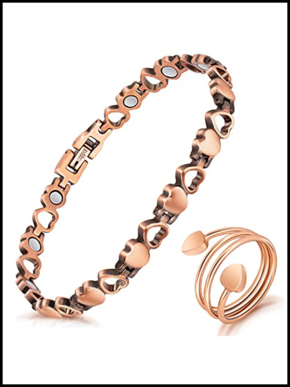 Pure Copper Magnetic Bracelet Set with Lymph Drainage Ring - Adjustable